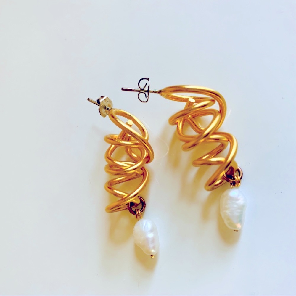 Gold Swirl Earrings with Freshwater Pearl Dangle Artist Made Handcrafted